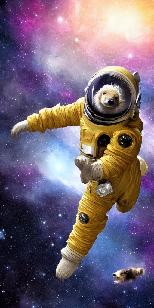 Prompt: ultra realistic honey badger floating in space suits floating in space, 4 k, 8 k, nebula, universe, many stars, space station