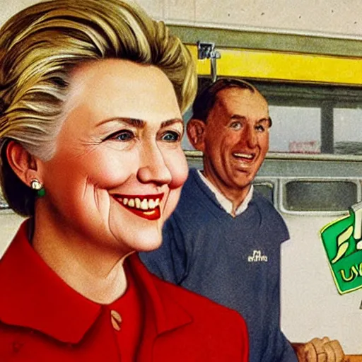 Prompt: hilary clinton super excited to be working at subway, sarcastic, by norman rockwell hyperrealism 8 k