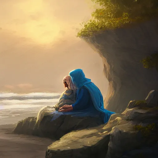 Prompt: an old wise man wearing a cloak and his child daughter sitting on a rock at the beach, magical atmosphere, magical atmosphere, trending on artstation, 30mm, by Noah Bradley trending on ArtStation, deviantart, high detail, stylized portrait