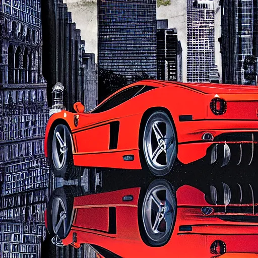 Prompt: a red ferrari testarossa in front of gothic architecture, gotham city, magazine collage style by nc wyeth and daniel mumford