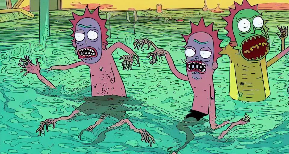 Prompt: highly detailed full body portrait of a zombie swimming underwater in a zombie - apocalypse, in a swimming pool, style of rick and morty justin roiland