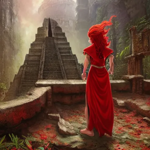 Prompt: a female draconic sorceress with curly red hair wearing a red dress and a red coat exploring the ruins of an abandoned maya city in the jungle, fantasy, highly detailed, digital painting, artstation, concept art, character art, art by greg rutkowski and tyler jacobson and alphonse mucha