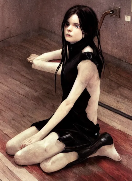 Image similar to a 1 4 year old girl eveline from resident evil 7 with straight long black hair wearing black dress that sitting on bathroom floor, photo for vogue, model エリサヘス s from acquamodels, art by artgem, greg rutkowski and alphonse mucha, render in re engine