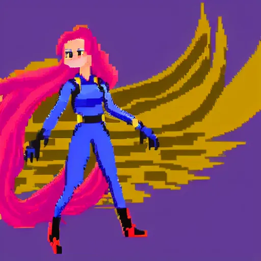 Prompt: a daring badass female main character with vibrant long flowing hair, wearing a high tech jumpsuit, pixel art, from an award winning video game, masterpiece