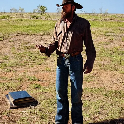 Prompt: a cowboy stumbles upon an open grave that contains a mystical book that could lead to all the secrets of life but not knowing how to read leads the cowboy to become very frustrated