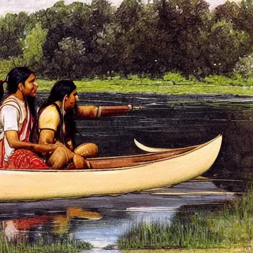 Prompt: a canoe on the water with an Indian in the style of Waterhouse