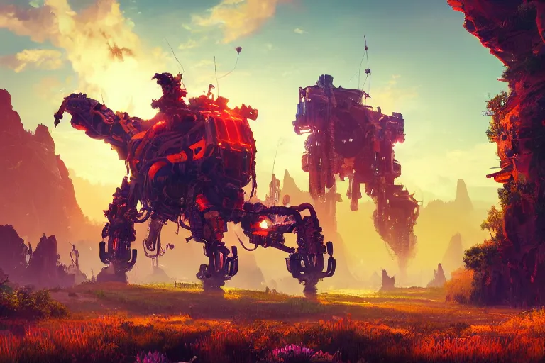 Image similar to behemoth machine mecanical creature robot of horizon forbidden west horizon zero dawn radiating a glowing aura global illumination ray tracing hdr fanart arstation by ian pesty and alena aenami artworks in 4 k