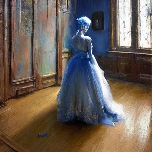 Prompt: blue tones, woman in dress, wooden floor, by alexander fedosav, elegant, detailed, digital artwork, paint, gothic mansion room, by jeremy mann