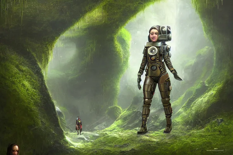Image similar to a futuristic steampunk female astronaut full body, young face, steampunk astronaut, walking inside a very lush mossy cave by Bastien Lecouffe-Deharme and marc simonetti natural volumetric lighting, realistic, 8k, octane render, beautifully detailed render, 4k post-processing