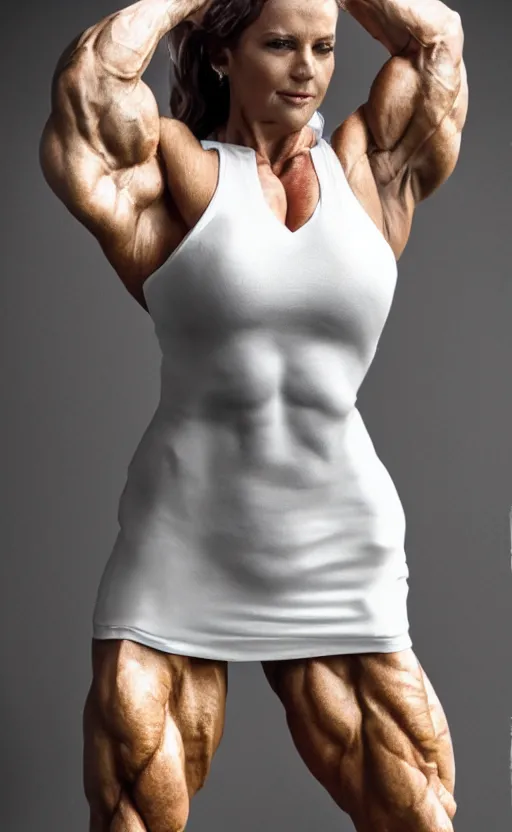 Image similar to realistic colorful photo portreit of bodybuilder woman posing in white peignoir, full leight, ultra rendered extreme realism and detail, 8 k, highly detailed, realistic, photorealistic,