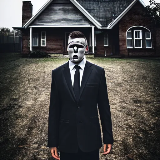 Image similar to man in strict suit, one man, an indifferent face, house on background, bloody knife, blood on body, full body, little fog, evening, extremely detailed, sharp focus, professional photographer, professional model, minimalism, real life