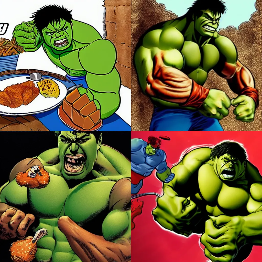 Prompt: Hulk eating chicken