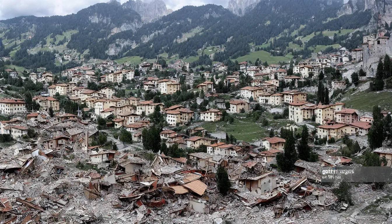 Prompt: an italian town in the dolomites mountains destroyed after heavy artillery shelling and bombardments