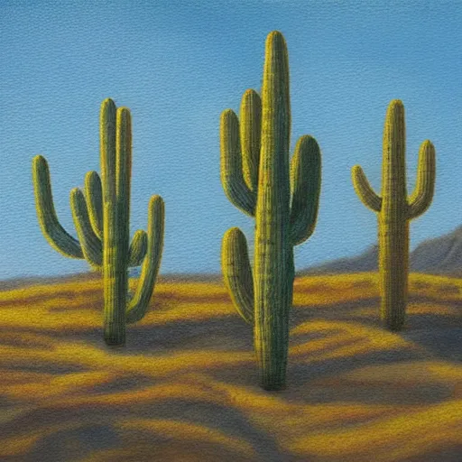 Image similar to a conrad buff oil painting of a small hill covered in cactus with a circular 1 0 lane highway at it's base full of evening traffic