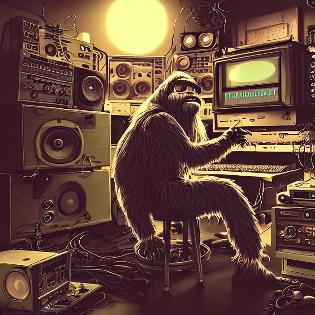 Image similar to a portrait of an anthropomorphic cyberpunk yeti podcasting in his secret electronics lab, detailed render, tape deck, studio microphone, boombox, headphones, epic composition, cybernetics, 4 k realistic, cryengine, realistic shaded lighting, sharp focus, masterpiece, by matteo scalera, gary montalbano, peter elson in the style of the tokyo ghost comic