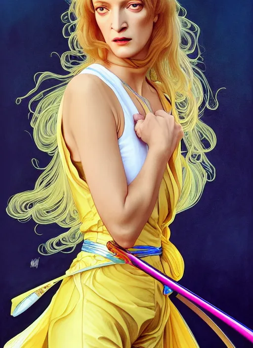 Image similar to uma thurman in kill bill, rococo and art nouveau fusion, iridescent diaphanous refractive and reflective katana, yelliw jumpsuit, highly detailed, deep focus, elegant, digital painting, smooth, sharp focus, illustration, ultra realistic, japanese art by artgerm and alphonse mucha