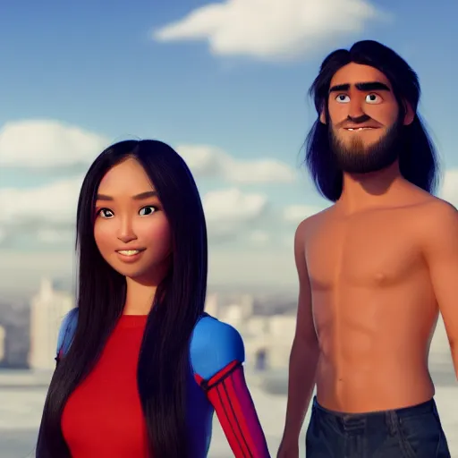 Image similar to young beautiful athletic Filipino woman with long hair standing beside a handsome caucasian athletic thin man with very short buzzed hair, balding, stubble on his face, blue eyes, they are posing, depicted as adult Pixar characters, high quality cg render, 4k