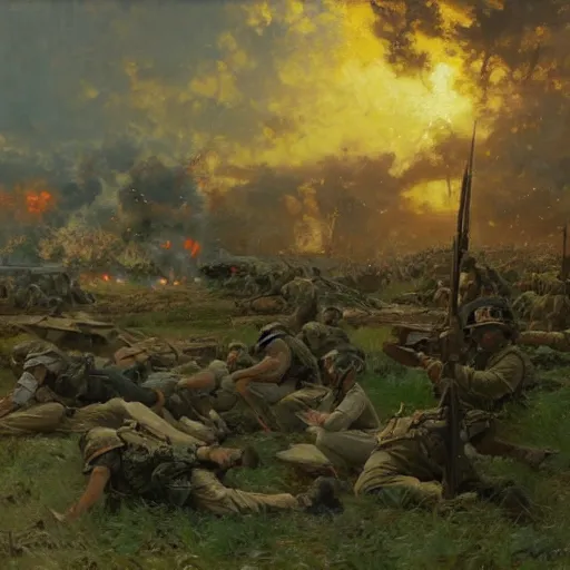 Image similar to detailed cinematic wide shot of world war 2 battle, ultra realistic, spring light, painting by gaston bussiere, craig mullins, j. c. leyendecker