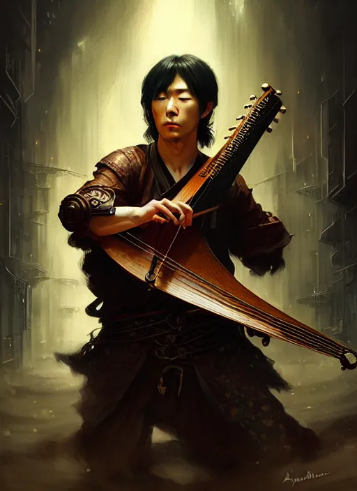 Image similar to a strong japanese male bard playing lute, full body, hyper realistic, blade runner, extremely detailed, dnd character art portrait, dark fantasy art, intricate fantasy painting, steampunk, dramatic lighting, vivid colors, deviantart, artstation, by clyde caldwell and krenz cushart and artem demura and john williams waterhouse