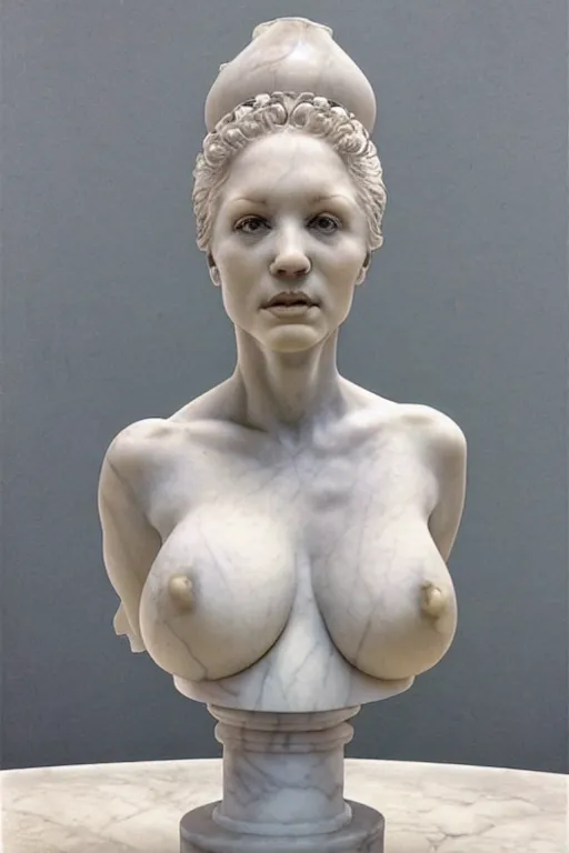 Prompt: realistic marble bust of a beautiful woman on a pedestal, by wayne barlowe, peter mohrbacher, kelly mckernan, james o barr