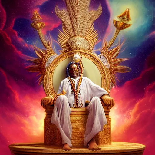 Prompt: obatala the cosmic god sitting on a throne of nebula clouds, by Adi granov and thomas blackshear and afarin sajedi, matte painting, volumetric lighting, piercing eyes, detailed face, orisha, 8k, hd