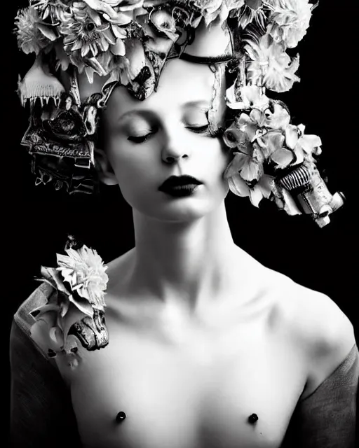 Image similar to a black and white high quality dreamy photo of a young beautiful female queen-pale dragon-vegetal-many big steampunk flowers-cyborg bust with a very long neck, elegant, highly detailed, poetic, soft, dreamy, mysterious, high fashion, in the style of Horst P. Horst, Realistic, Refined, Digital Art, Highly Detailed, Cinematic Lighting, rim light, black and white, photo-realistic, 8K