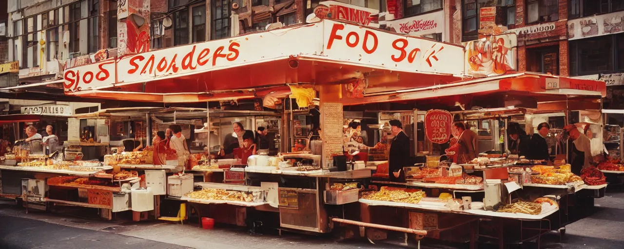 Prompt: food stand featuring spaghetti bowls, in downtown nyc, kodachrome, in the style of wes anderson, retro