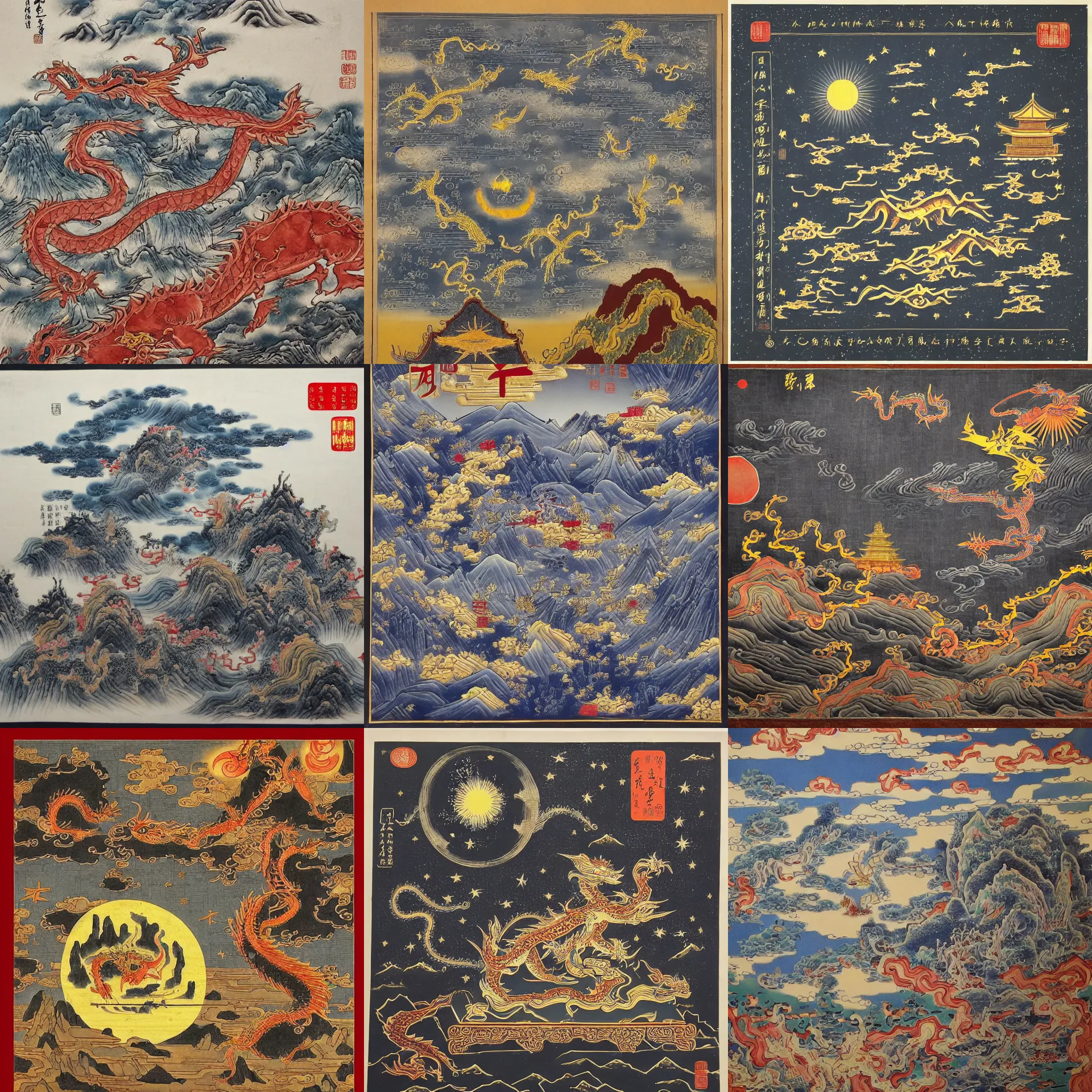 Prompt: chinese landscape, big dipper star, altar, qi men alchemy, dragon