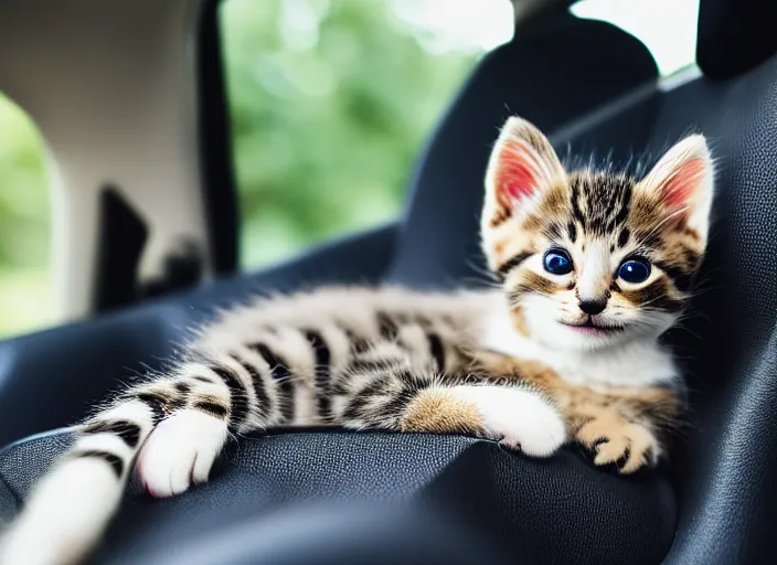 Prompt: photo of a kitten in a car seat sleeping, 8 k 8 5 mm f 1. 6