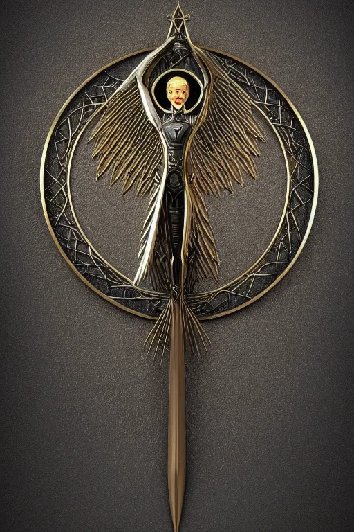 Prompt: Old judean symbol of archangel Gabriel. Symbol made out of metal. Cooper lining ,intricate, elegant, highly detailed, digital painting, artstation, concept art, smooth, sharp focus, illustration, art by Ilja Repin