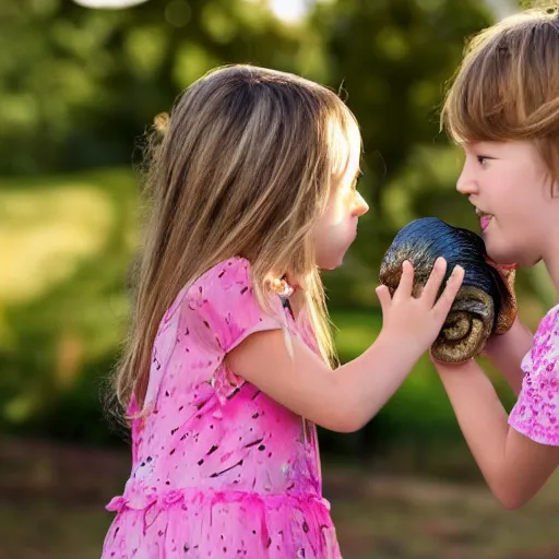 Prompt: little girl kissing a giant snail photo