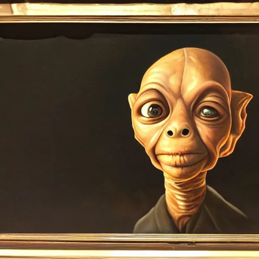 Image similar to high quality oil painting portrait of E.T. extra terrestrial in victorian manchester, dark background, high fantasy, perfect lighting