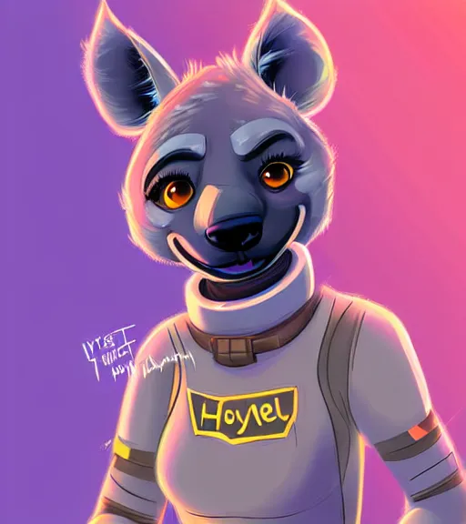 Image similar to digital detailed art of furry female hyena, in style of zootopia, fursona, furry, furaffinity, deviantart, wearing astronaut outfit, floating in space, space background, hyena fursona, cyberpunk, female, detailed face, style of artgerm,