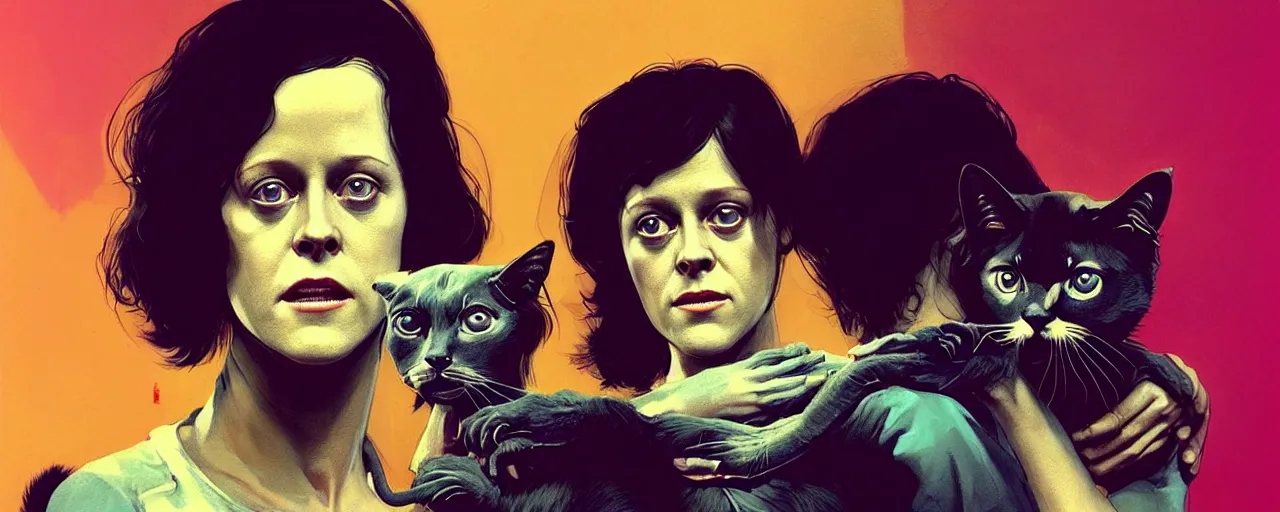 Image similar to duotone dark concept illustration 3 / 4 portrait of young sigourney weaver as ellen ripley holding a cat. cinematic volumetric lighting space. golden ratio accidental renaissance. by sachin teng and sergey kolesov and ruan jia and heng z. graffiti art, scifi, fantasy, hyper detailed. octane render. concept art. trending on artstation