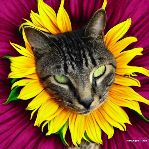 Prompt: cat sleeps on a sunflower