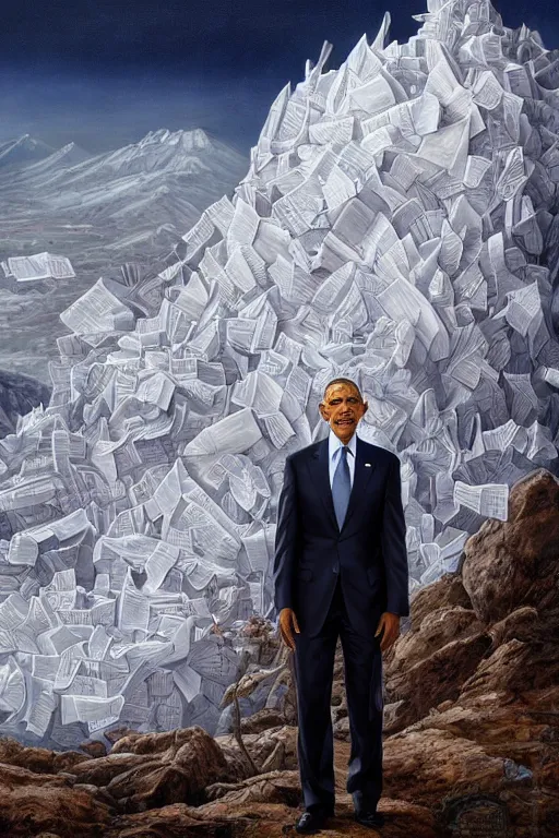 Image similar to obama standing next to a mountain made of papers, oil on canvas, intricate, portrait, 8 k, detailed, hdr, cgsociety