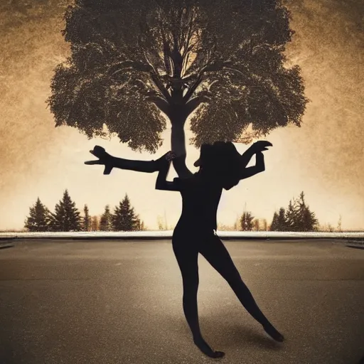 Image similar to a giantess man with a giant woman dancing together, enormous, big, photoshop, photo manipulation, trees, houses, street, hearts symbol, spot light