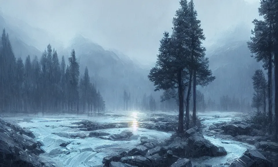 Image similar to when it's raining, a cold - looking sky with an icy river, mountains, and forest, digital painting, greg rutkowski, artstation, simon stalenhag, cinematic lighting, highly detailed