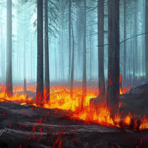 Image similar to Forest in fire landscape, 8k, detailed, concept art