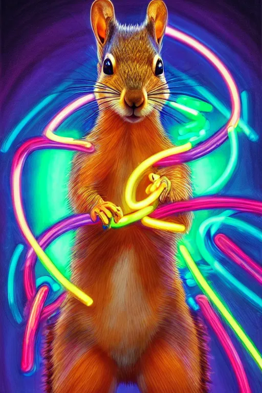 Prompt: a award winning half body portrait of a squirrel with stunning eyes in a croptop and cargo pants with rainbow colored hair, outlined by whirling illuminated neon lines and fine lines swirling in circles by jesper ejsing and rhads and makoto and shinkai and lois van baarle, digital art, trending on artstation
