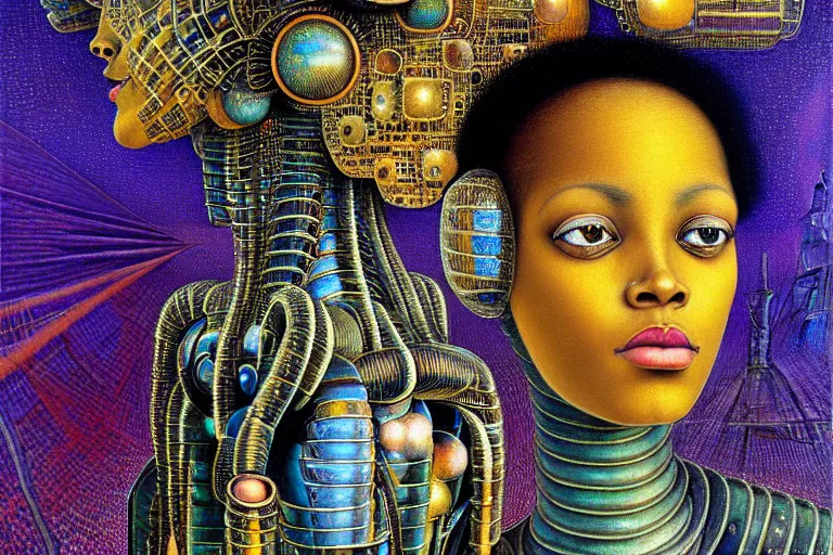 Image similar to realistic extremely detailed closeup portrait painting of a beautiful black woman in a dress with a robot, city street on background by Jean Delville, Amano, Yves Tanguy, Ilya Repin, William Holman Hunt, Ernst Haeckel, Edward Robert Hughes, Roger Dean, rich moody colours