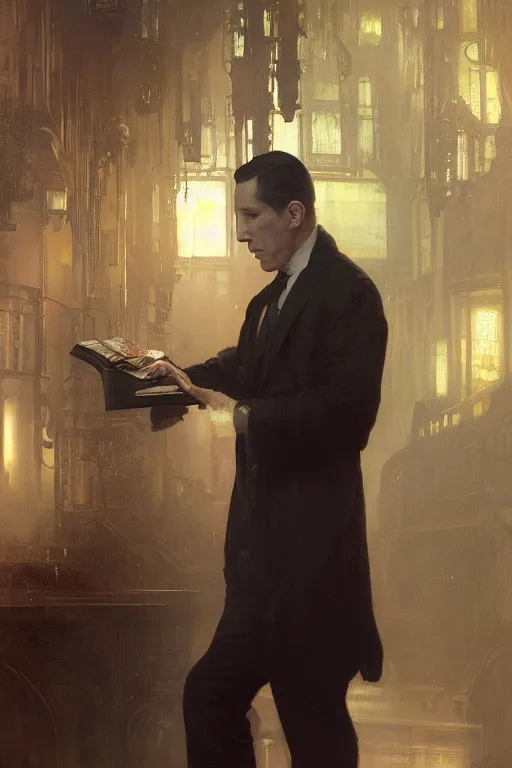 Image similar to , h p lovecraft reading an ancient tome at a victorian study hyperrealistic portrait, bladerunner street, art of elysium by jeremy mann and alphonse mucha and greg rutkowski, fantasy art, photo realistic, dynamic lighting, artstation, poster, volumetric lighting, very detailed face, 4 k, award winning