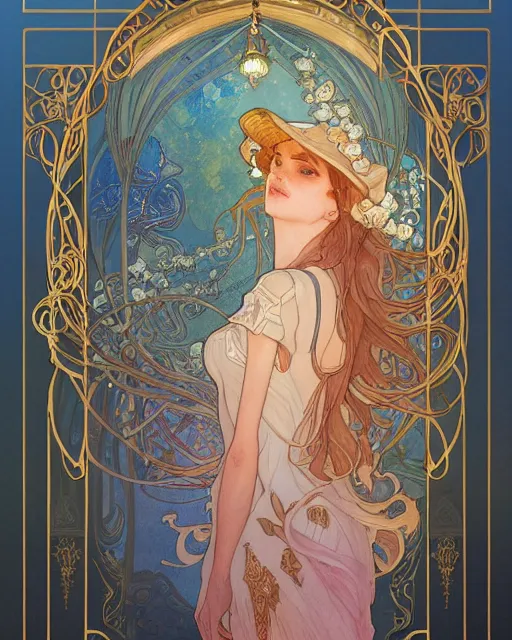 Image similar to secret romance, highly detailed, very intricate, art nouveau, gold filigree, romantic storybook fantasy, soft cinematic lighting, award - winning, disney concept art watercolor illustration by mandy jurgens and alphonse mucha and alena aenami, pastel color palette, featured on artstation