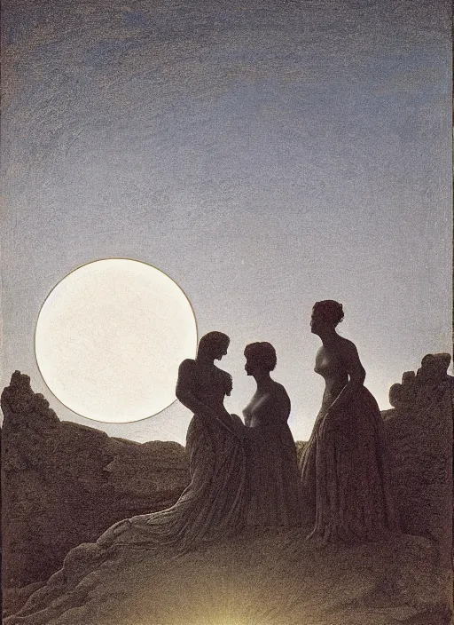 Prompt: three backlit silhouettes of ancient greek venus observing an eclipse at dusk, painted by caspar david friedrich