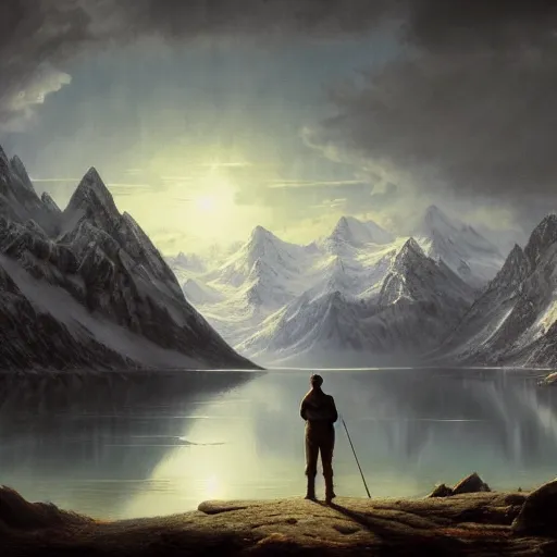 Prompt: A Stunning Matte painting of A man standing in a lake at night looking at the snow-capped mountains in the distance, beautiful sky, Tyndall effect.highly realistic,hyper detailed,cinematic.4k.In style of Gustave Doré, by Greg Rutkowski