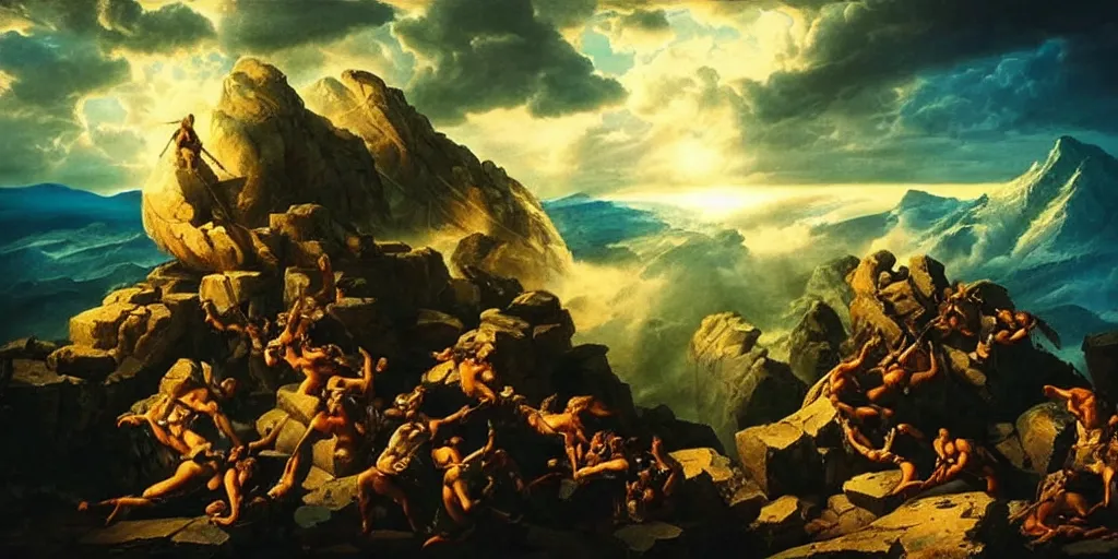 Image similar to amazing ancient landscape photo of greek gods fighting on top mount olympus, beautiful dramatic lighting