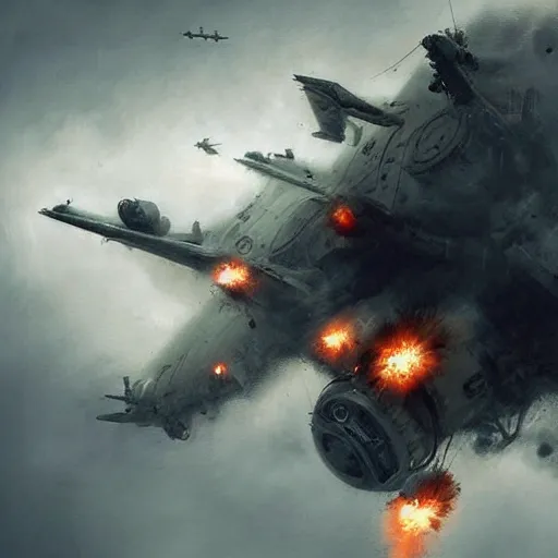Prompt: huge steampunk aircraft in battle, sky, explosions, dense fog, jakub rozalski