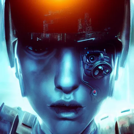 Image similar to cyberpunk, armitage, closeup portrait of a cute fluffy caracal and light blue eyes, brown buzzcut, cyborg, dramatic light, city background, sunset, dystopian setting, high contrast, sharp, neuromancer, painted by stanley lau, painted by greg rutkowski, painted by stanley artgerm, digital art, trending on artstation