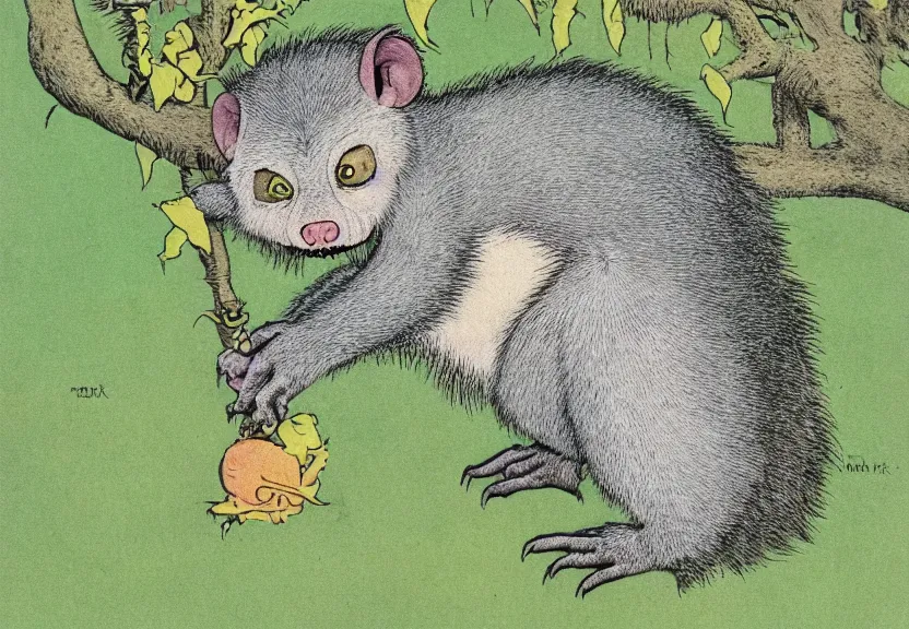 Image similar to possum monster in the wild, colorized, high detail, by Maurice Sendak