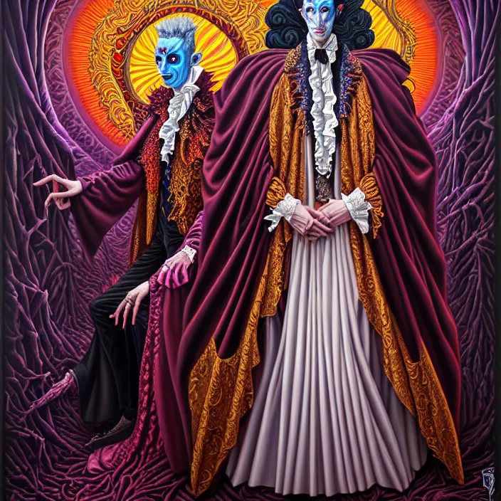 Image similar to beautiful oil painting, full length portrait of vampire in baroque coronation robes 1701, Dan Mumford, Dan Mumford, Alex grey, hyacinthe rigaurd, highly detailed , lsd visuals, dmt fractal patterns, visionary art, psychedelic art, ornate, vaporwave, baroque, Greg rutkowski